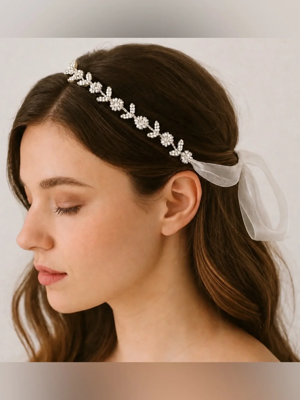 Bridal Rhinestone Hair Accessory with Ivory Ribbon Tie